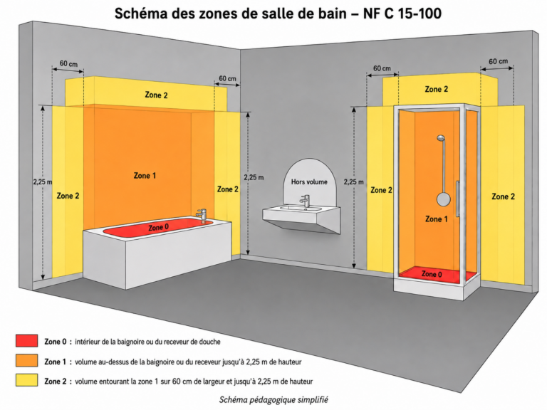 Schéma des zones électriques de salle de bain selon la NF C 15-100